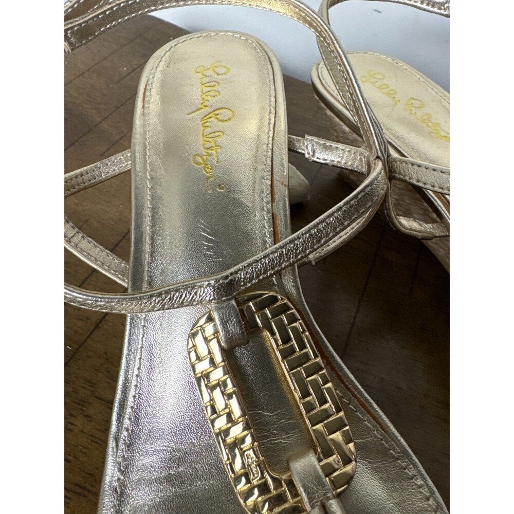 Lilly Pulitzer Gold Metallic Leather T Strap Wedge Sandals Women’s 8 Resort - Picture 10 of 13
